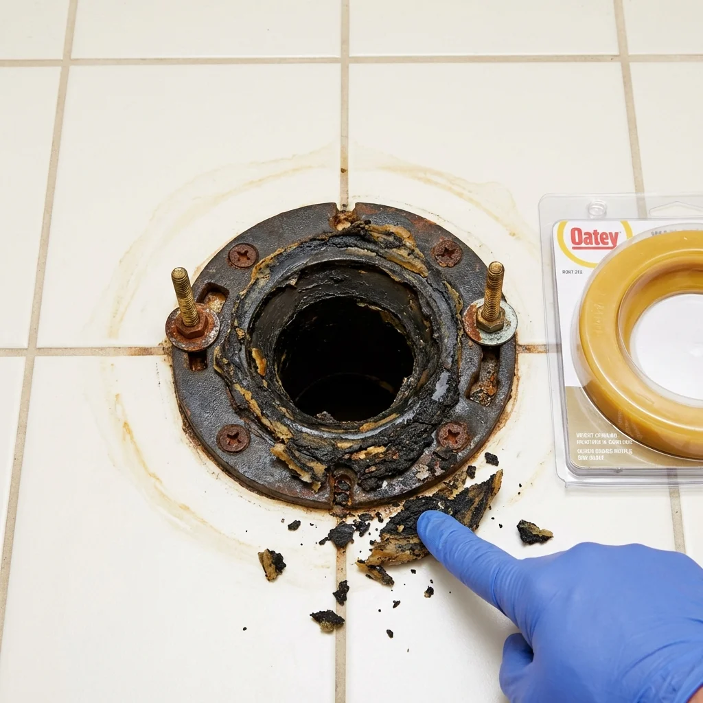Failed wax ring showing water seepage at the base of a toilet in a Salem, SD home