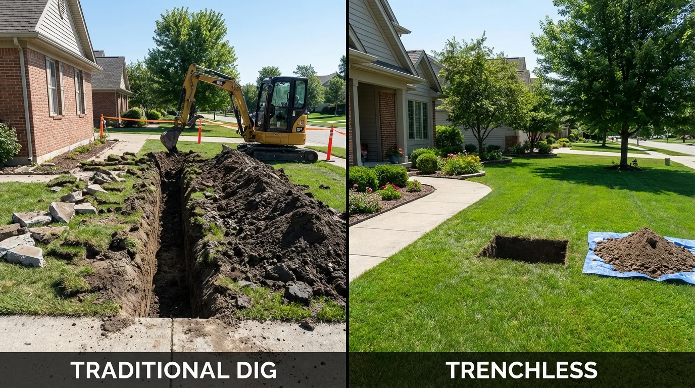 Trenchless sewer repair with minimal yard damage versus traditional excavation in Salem, SD